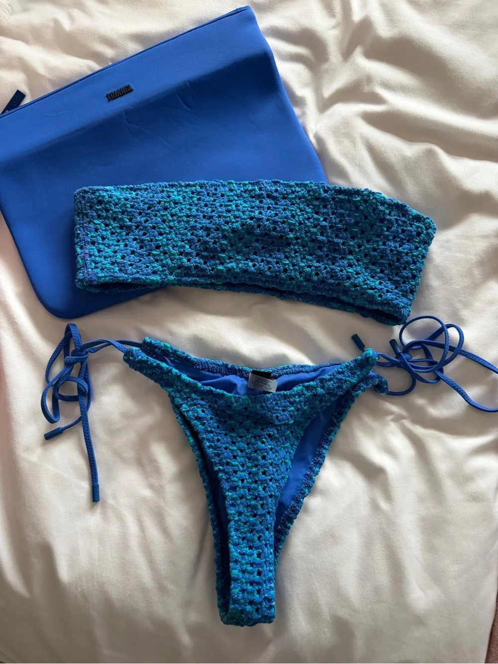 triangl swimwear Blue Textured Bandeau & Tie-Side Bikini Set